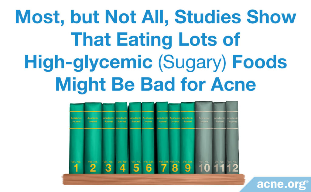 Most, but not all, studies show that eating lots of high-glycemic (sugary) foods might be bad for acne