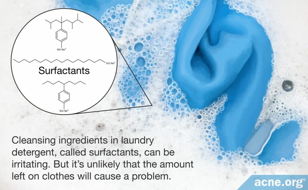 Cleansing ingredients in laundry detergent, called surfactants, can be irritating. But it's unlikely that the amount left on clothes will cause a problem.